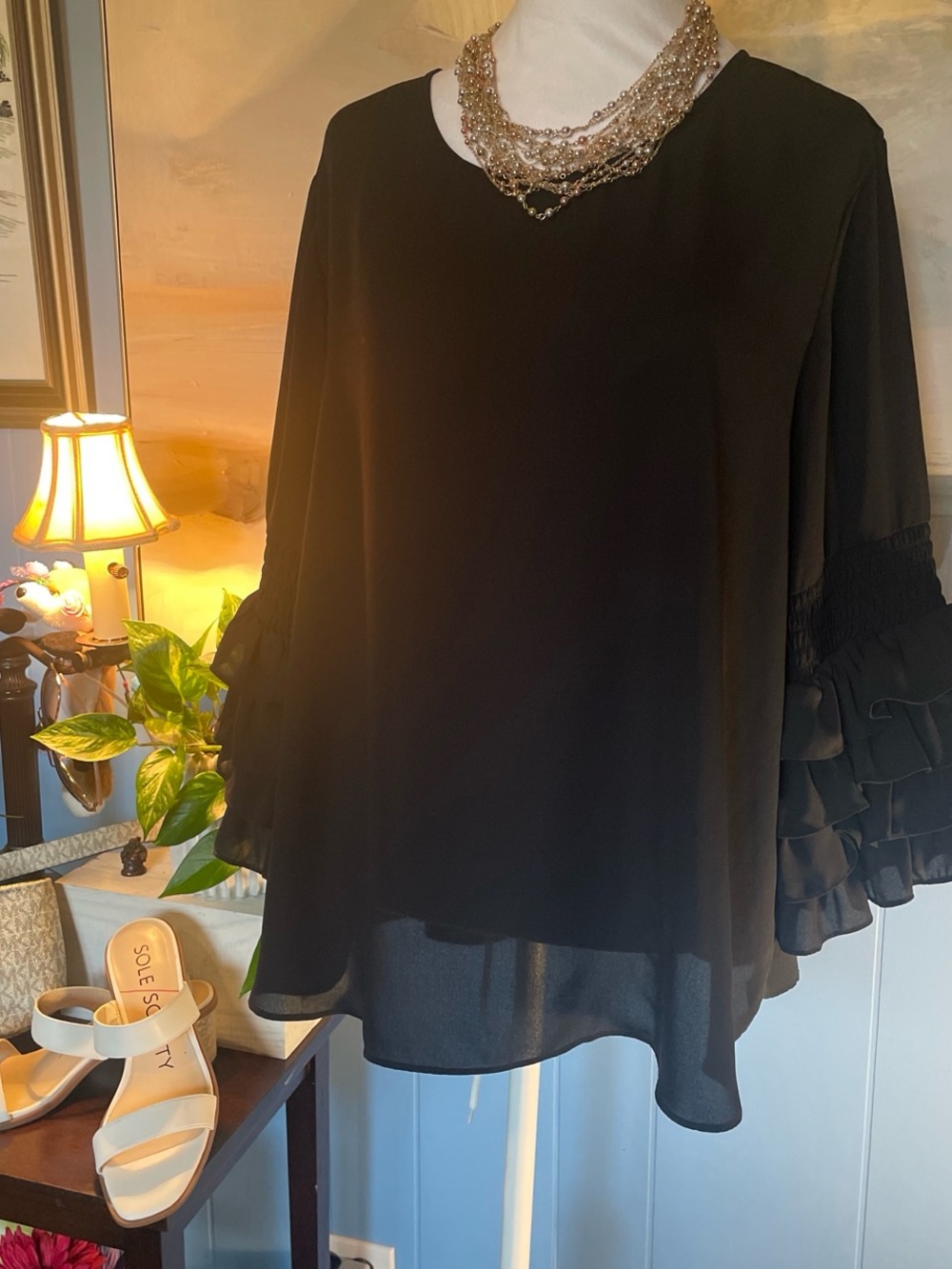 Sami & Jo Black Layered Ruffle Sleeve Blouse with Round Neck